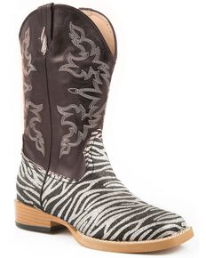 Roper Girls' Glittery Zebra Print Cowgirl Boots - Square Toe, Zebra, hi-res