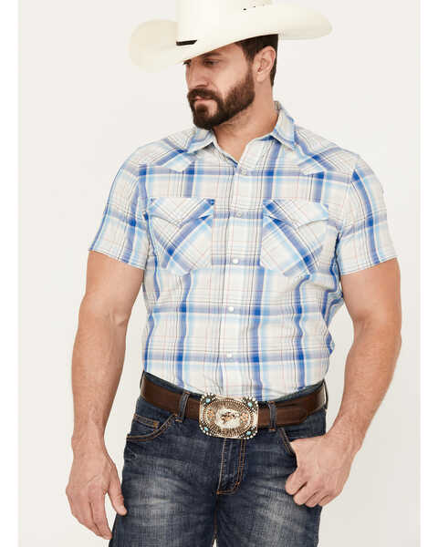 Image #1 - Pendleton Men's Frontier Plaid Short Sleeve Western Pearl Snap Shirt, Blue, hi-res