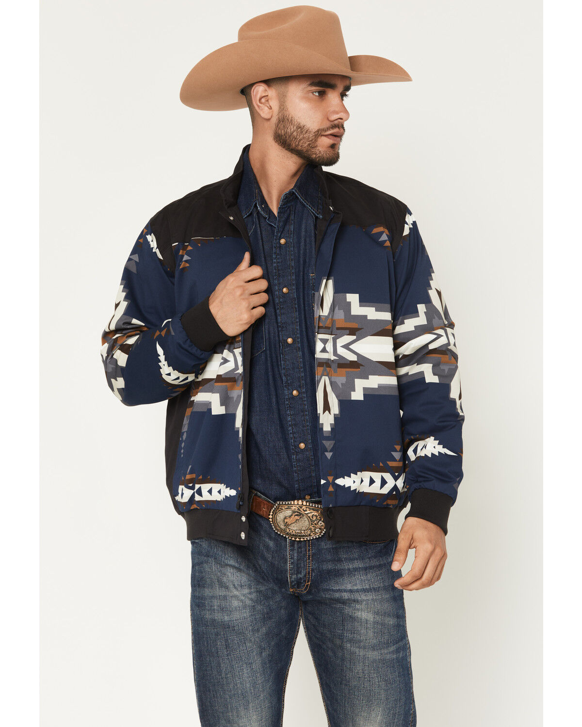 Image #1 - RANK 45® Men's Southwestern Print Insulated Bomber Jacket, Navy, hi-res