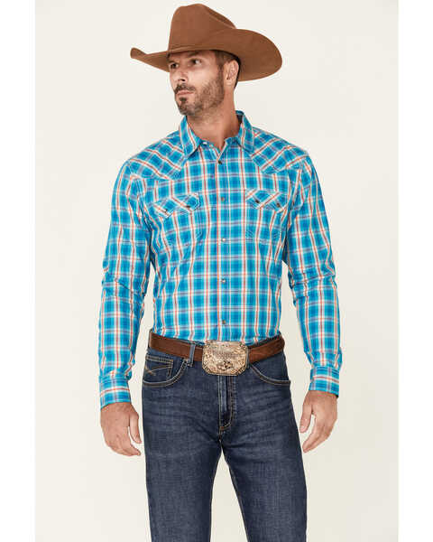 Image #1 - Cody James Men's Briar Patch Plaid Print Long Sleeve Pearl Snap Western Shirt , Teal, hi-res