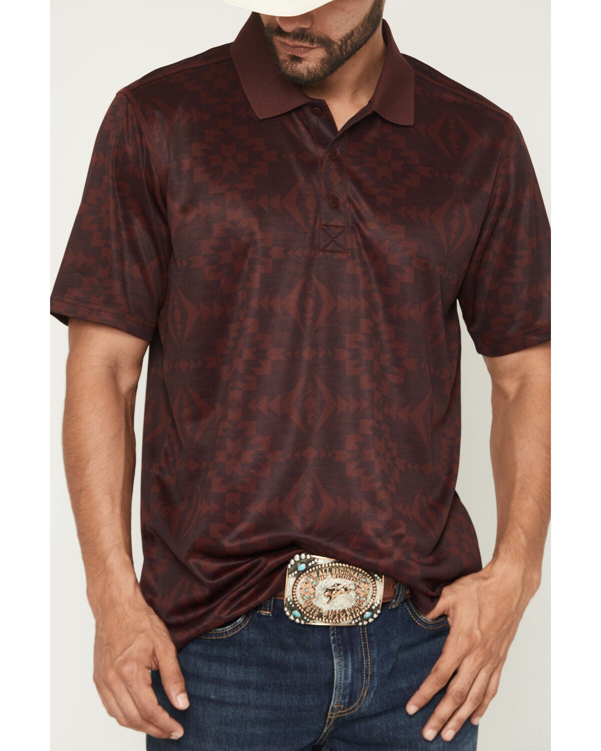 Image #3 - RANK 45&reg; Men's Tonal Southwestern Print Short Sleeve Button-Down Polo, Burgundy, hi-res