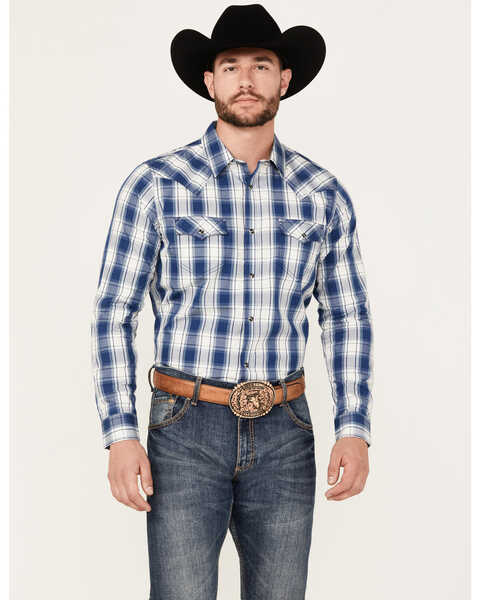 Image #1 - Cody James Men's Barrel Plaid Print Long Sleeve Snap Western Shirt - Tall, Navy, hi-res
