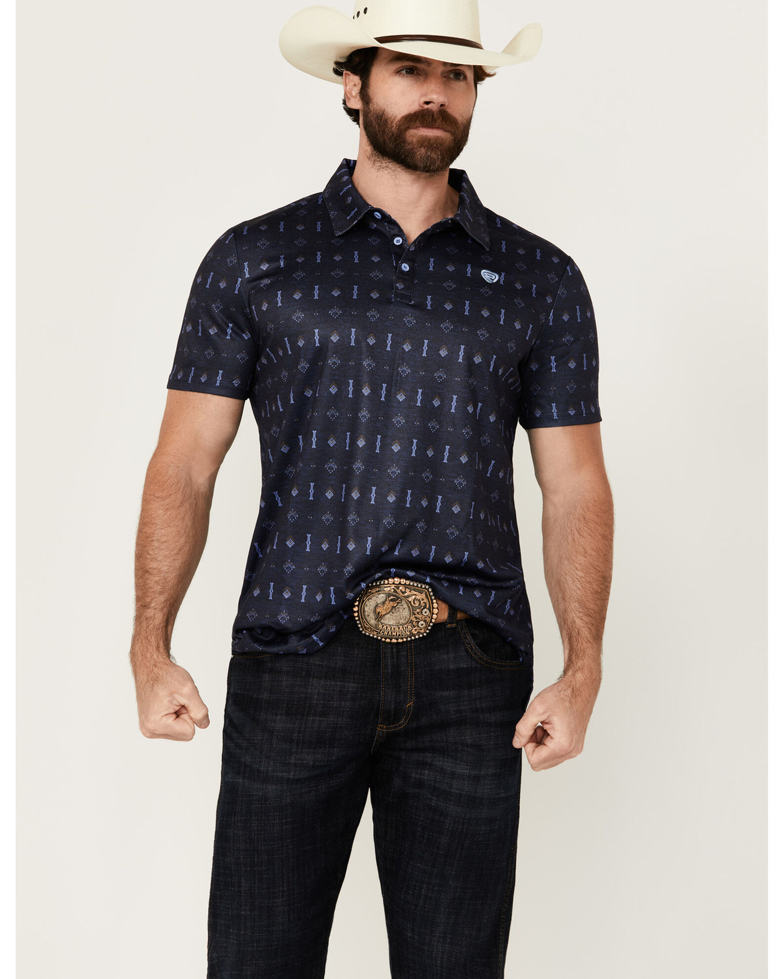Rock &amp; Roll Denim Men&rsquo;s Geo Print Short Sleeve Stretch Polo Shirt 