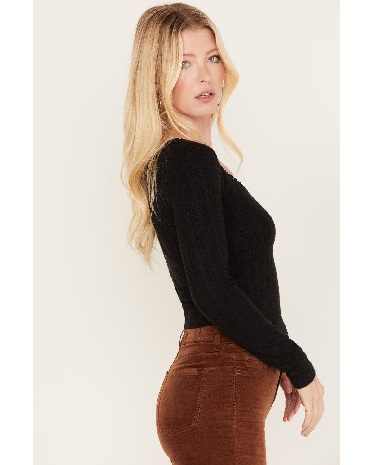 Image #2 - Shyanne Women's Pointelle Ruffle Trim Crop Top, Black, hi-res