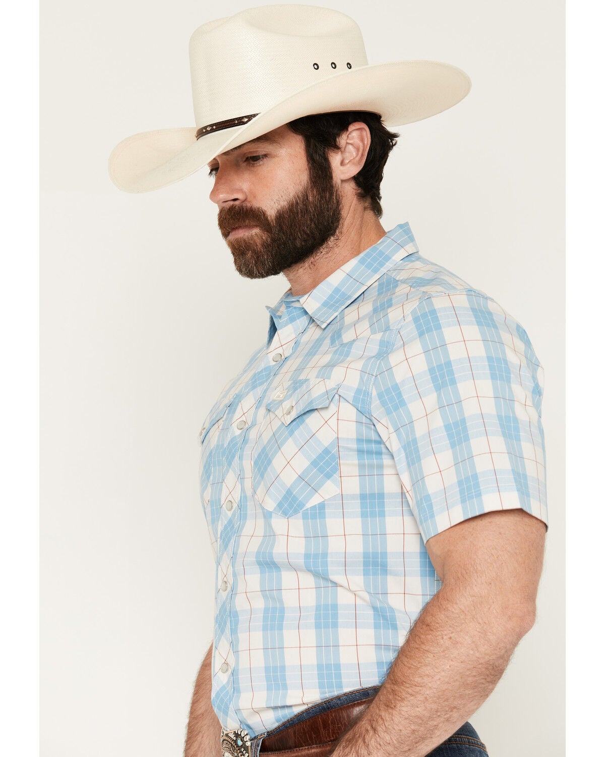 Image #2 - Kimes Ranch Men's Spade COOLMAX&reg; Plaid Print Short Sleeve Pearl Snap Western Shirt, Blue, hi-res