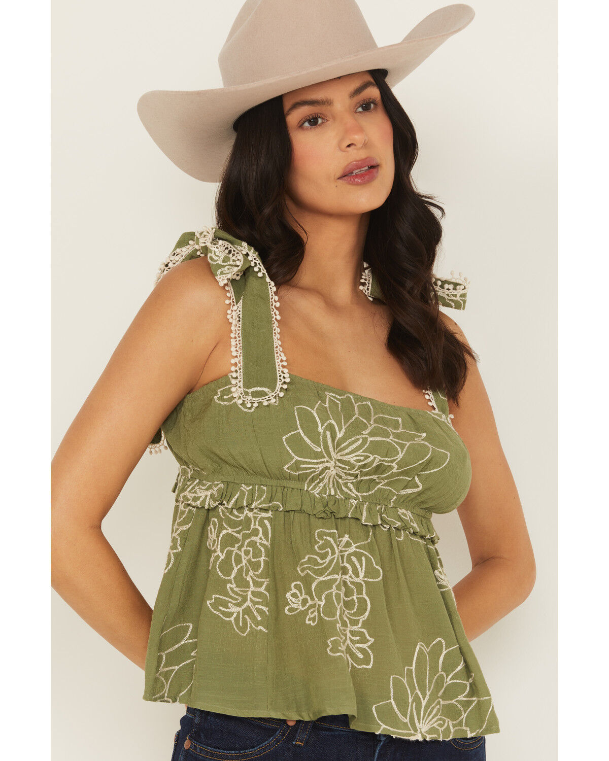 Image #2 - Wild Moss Women's Floral Embroidered Sleeveless Tie Strap Shirt, Olive, hi-res