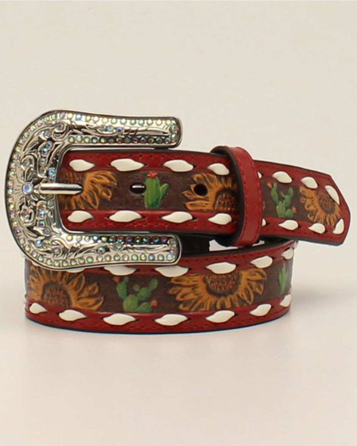 Image #1 - Angel Ranch Girls' Sunflower Cactus Tooled Belt, Brown, hi-res