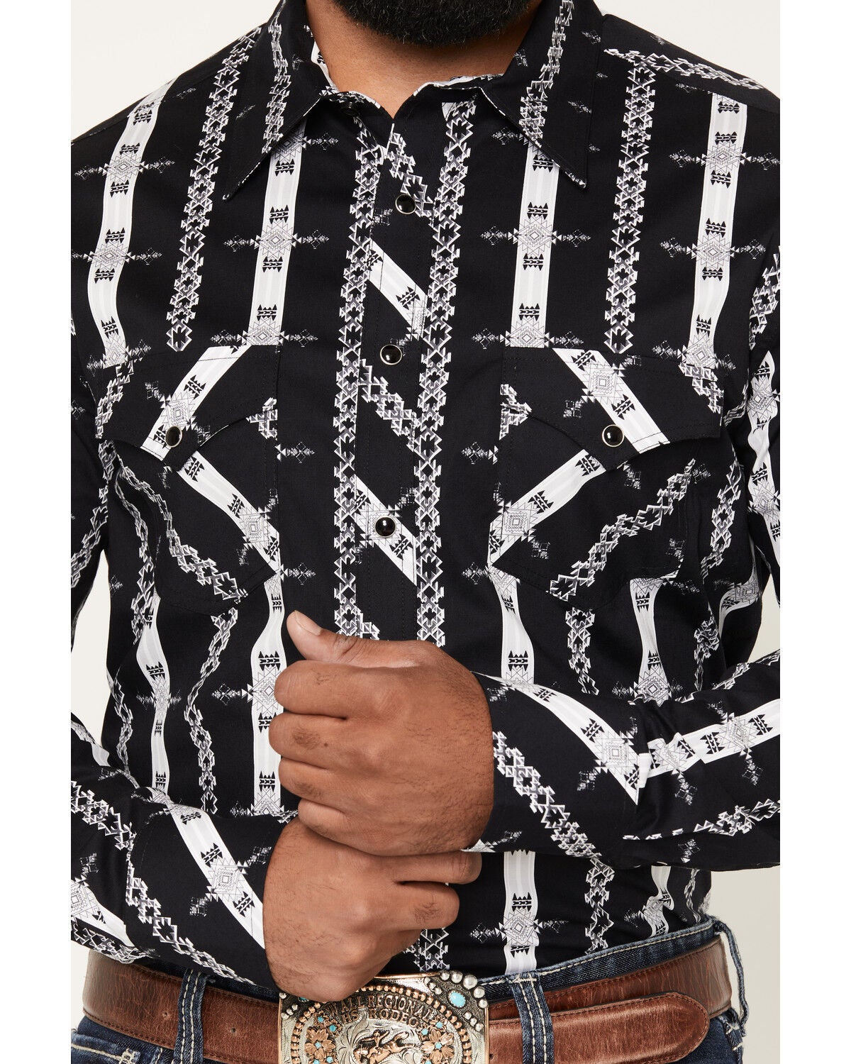 Image #3 - Rock & Roll Denim Men's Southwestern Striped Long Sleeve Snap Stretch Western Shirt, Black, hi-res