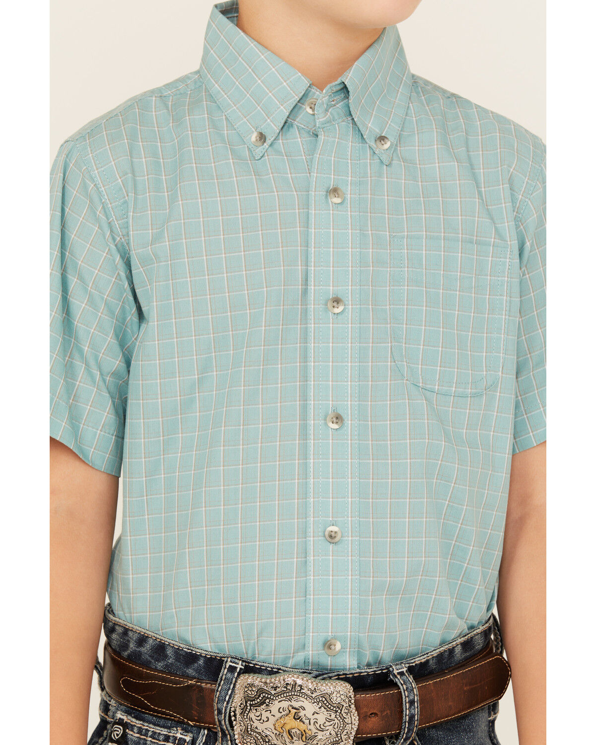 Image #3 - Wrangler Riata Boys' Plaid Print Short Sleeve Button-Down Western Shirt, Teal, hi-res