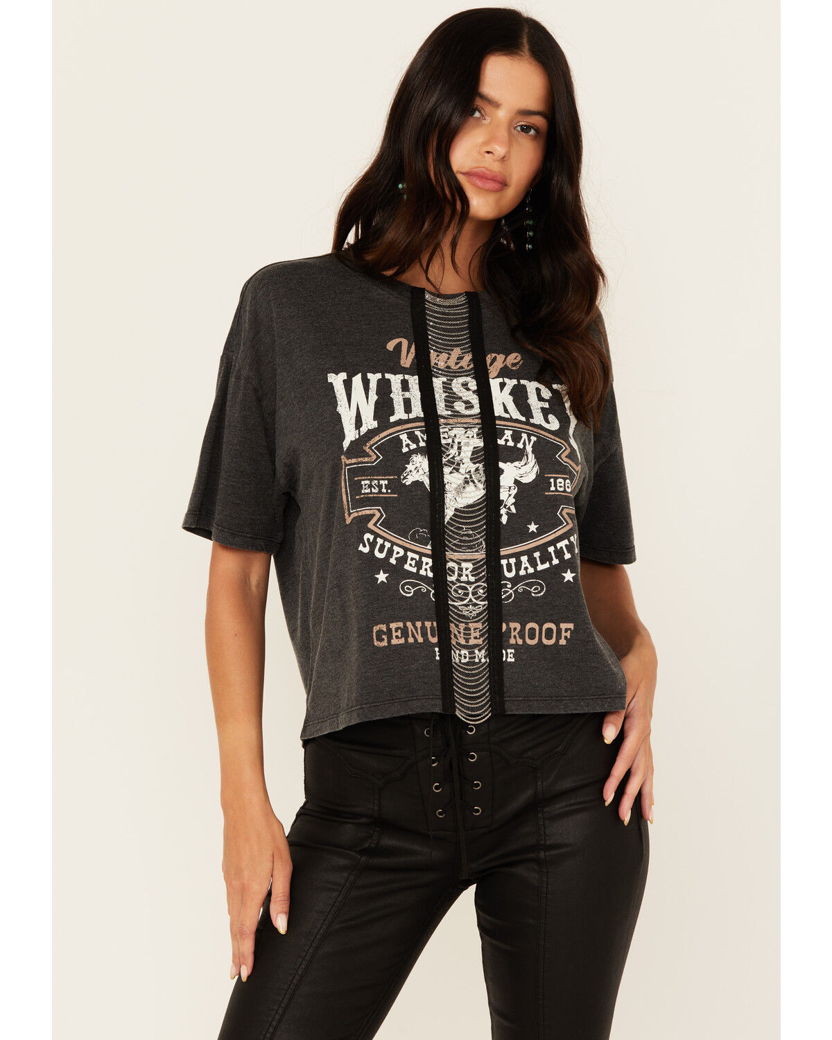 Image #1 - Shyanne Women's Chain Front Whiskey Short Sleeve Graphic Tee, Black, hi-res