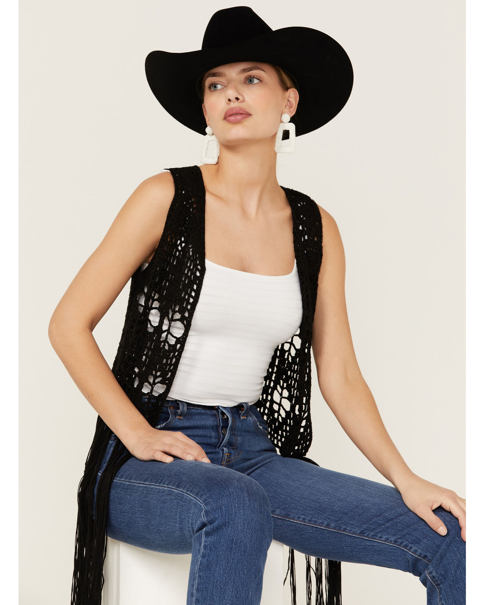 Black crochet vest sales with fringe
