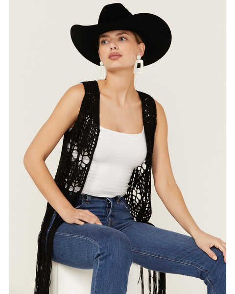 Rock & Roll Denim Women's Black Crochet Long Fringe Vest, Black, hi-res