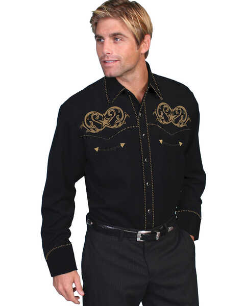 Scully Men's Embroidered Star Scroll Long Sleeve Shirt, Black, hi-res