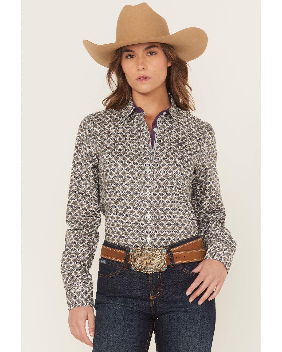 Cinch Women's Medallion Print Long Sleeve Button-Down Western Shirt, Light Blue, hi-res