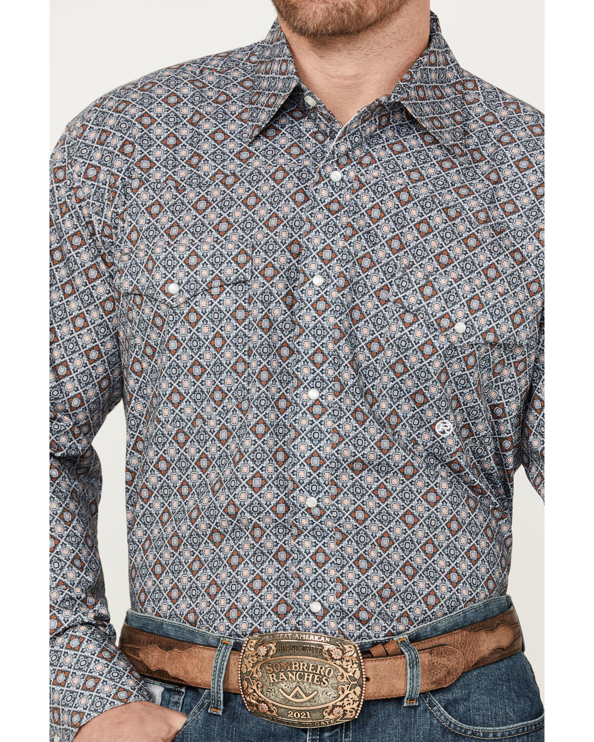 Image #3 - Roper Men's Amarillo Medallion Long Sleeve Western Snap Shirt, Grey, hi-res