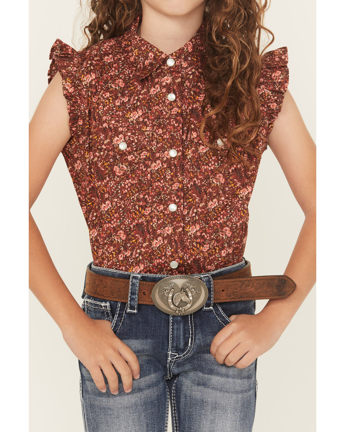 Image #2 - Shyanne Girls' Ditsy Floral Print Ruffle Sleeve Snap Stretch Western Shirt, Mahogany, hi-res