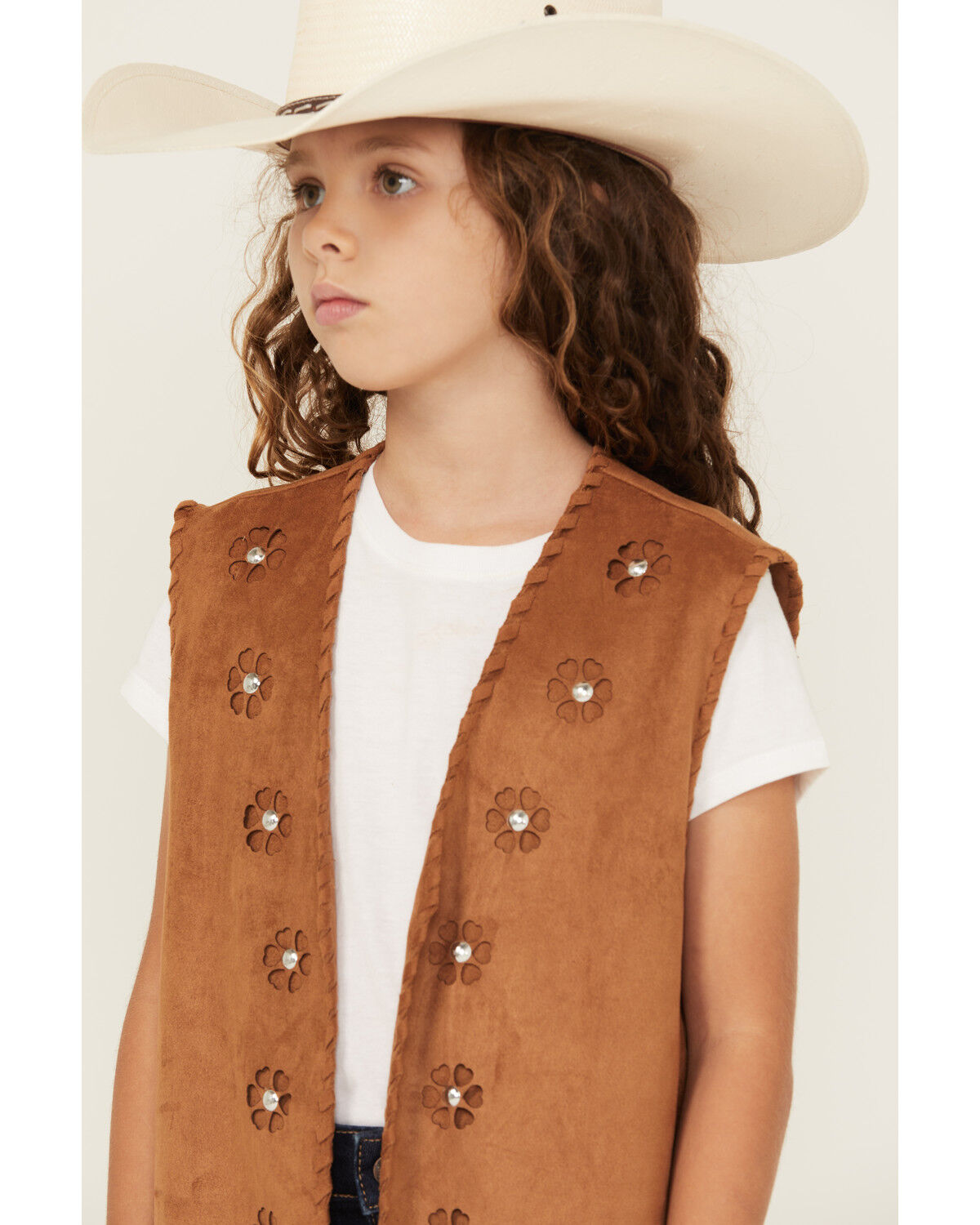 Image #2 - Fornia Girls' Studded Floral Vest, Camel, hi-res