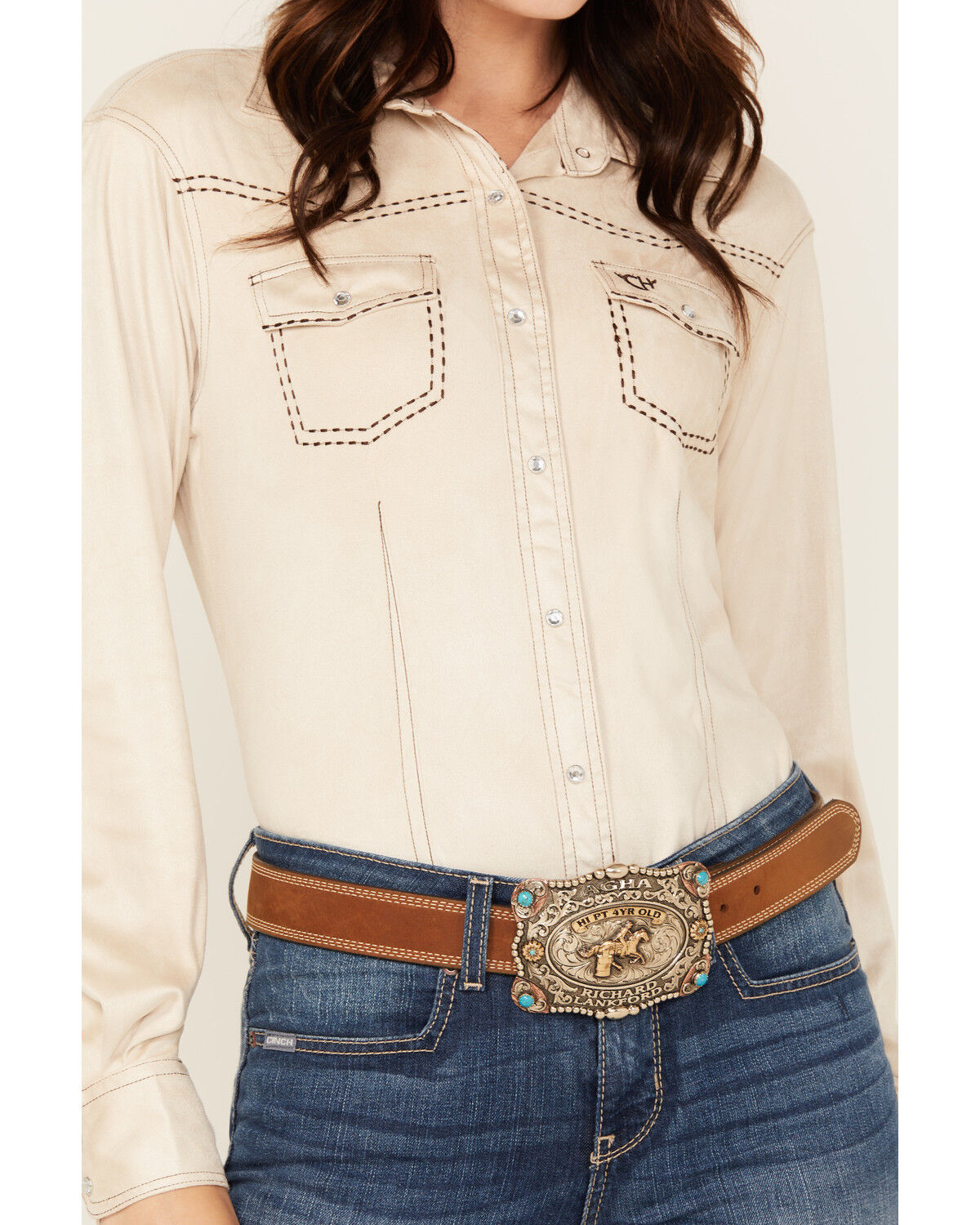 Image #3 - Cowgirl Hardware Women's Faux Suede Long Sleeve Snap Western Shirt, Off White, hi-res