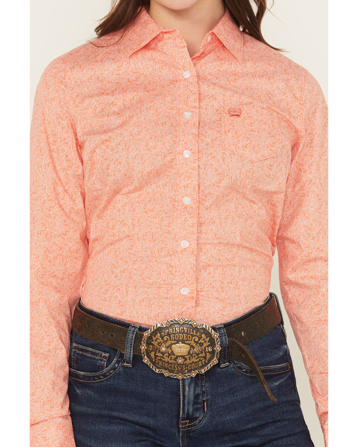 Image #3 - Cinch Women's Paisley Print Long Sleeve Button-Down Stretch Western Shirt, Coral, hi-res