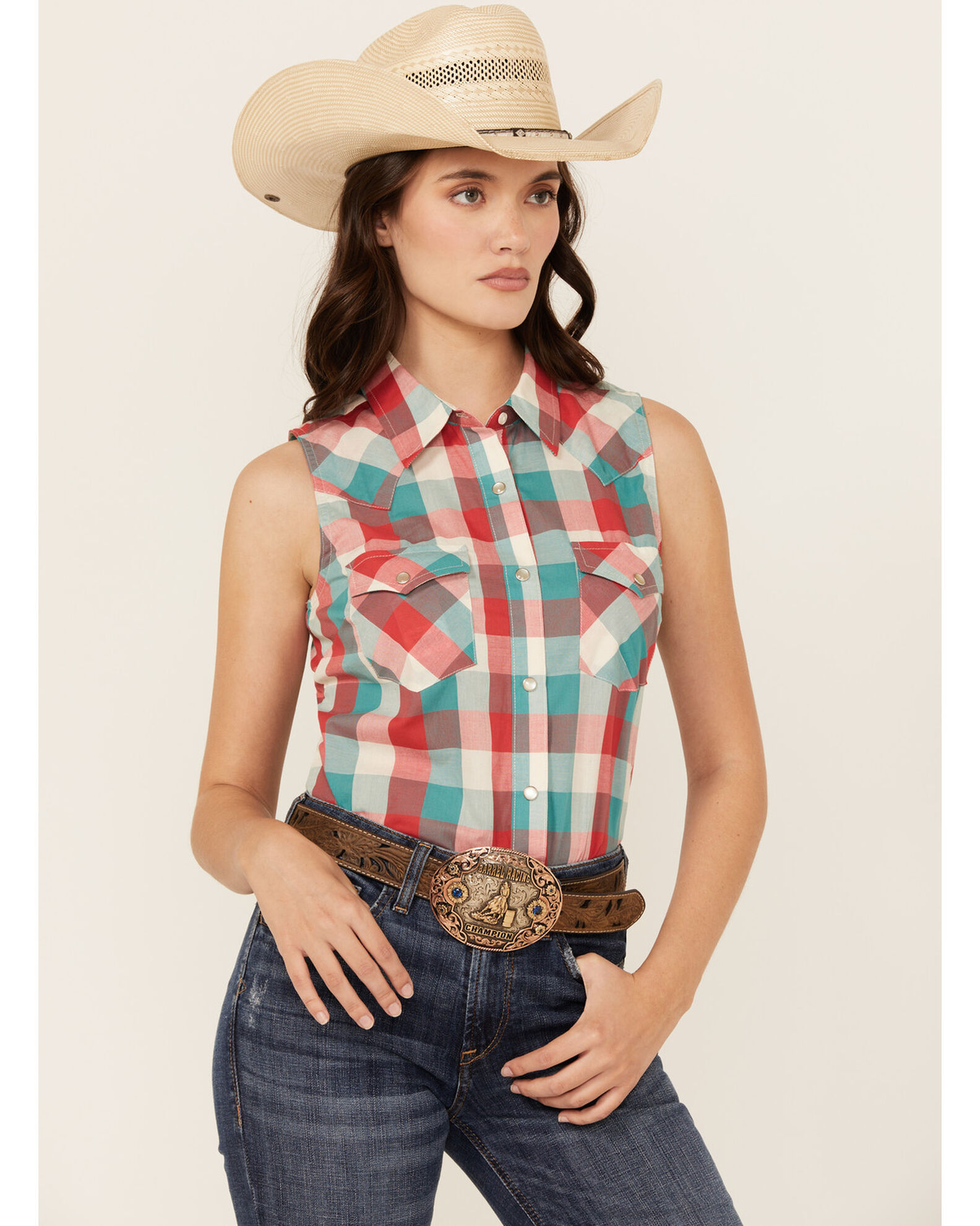 Sleeveless pearl snap shirt cheap