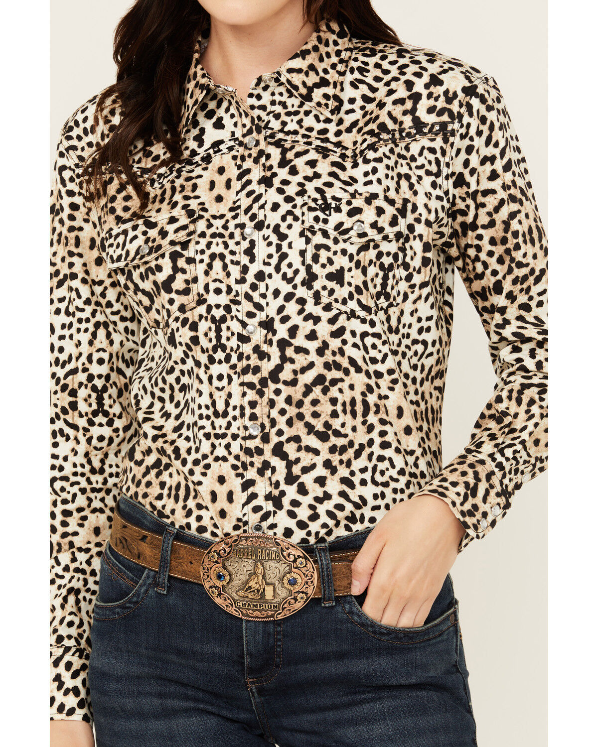 Image #3 - Cowgirl Hardware Women's Leopard Print Long Sleeve Snap Western Shirt, Natural, hi-res