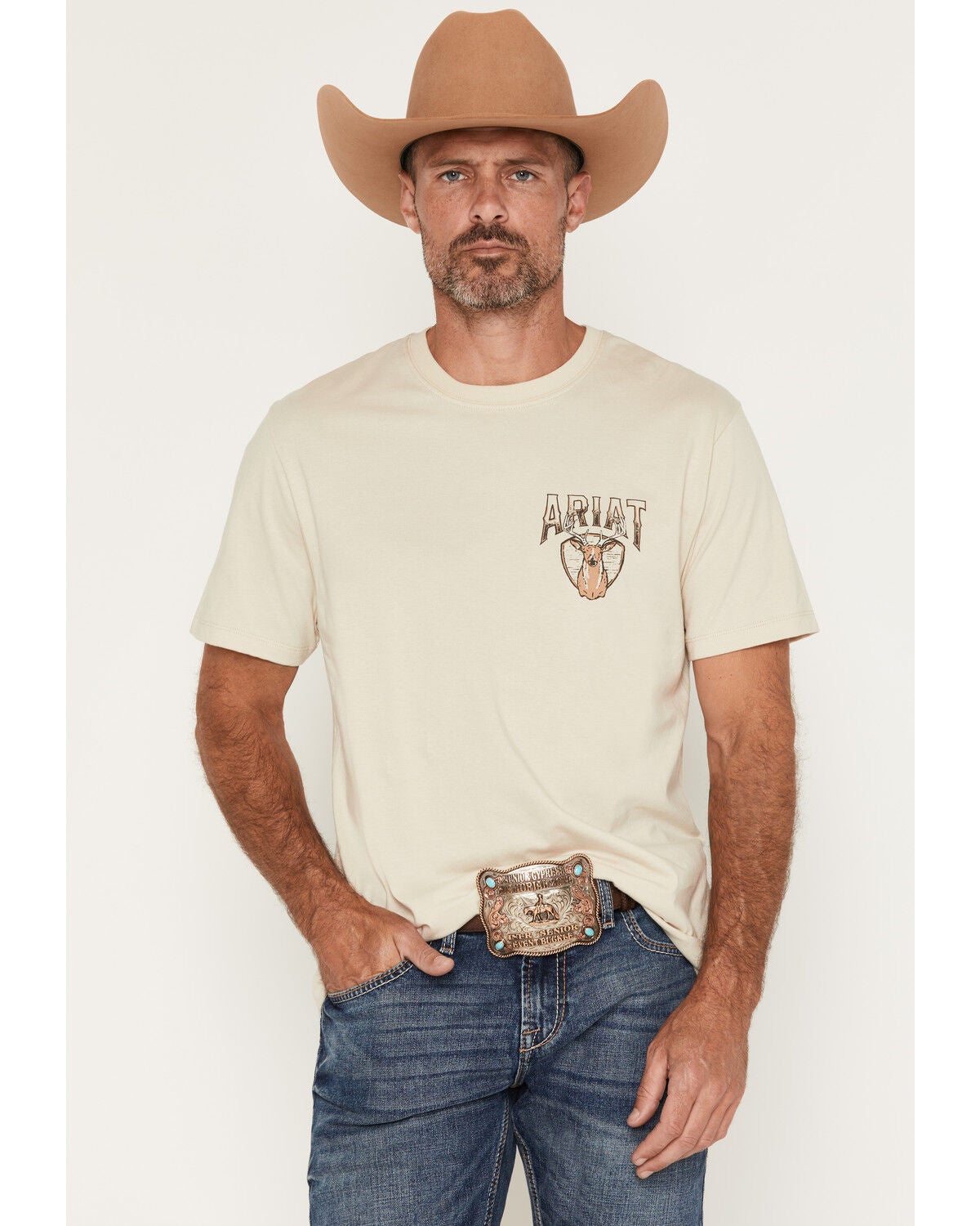 Image #2 - Ariat Men's Boot Barn Exclusive Trophy Room Short Sleeve Graphic T-Shirt, Natural, hi-res