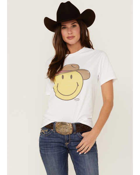 Bohemian Cowgirl Women's Smiley Face Cowboy White Graphic Tee, White, hi-res