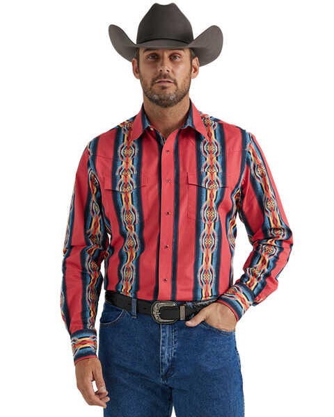 Wrangler Men's Checotah Southwestern Striped Print Long Sleeve Pearl Snap Western Shirt , Red, hi-res
