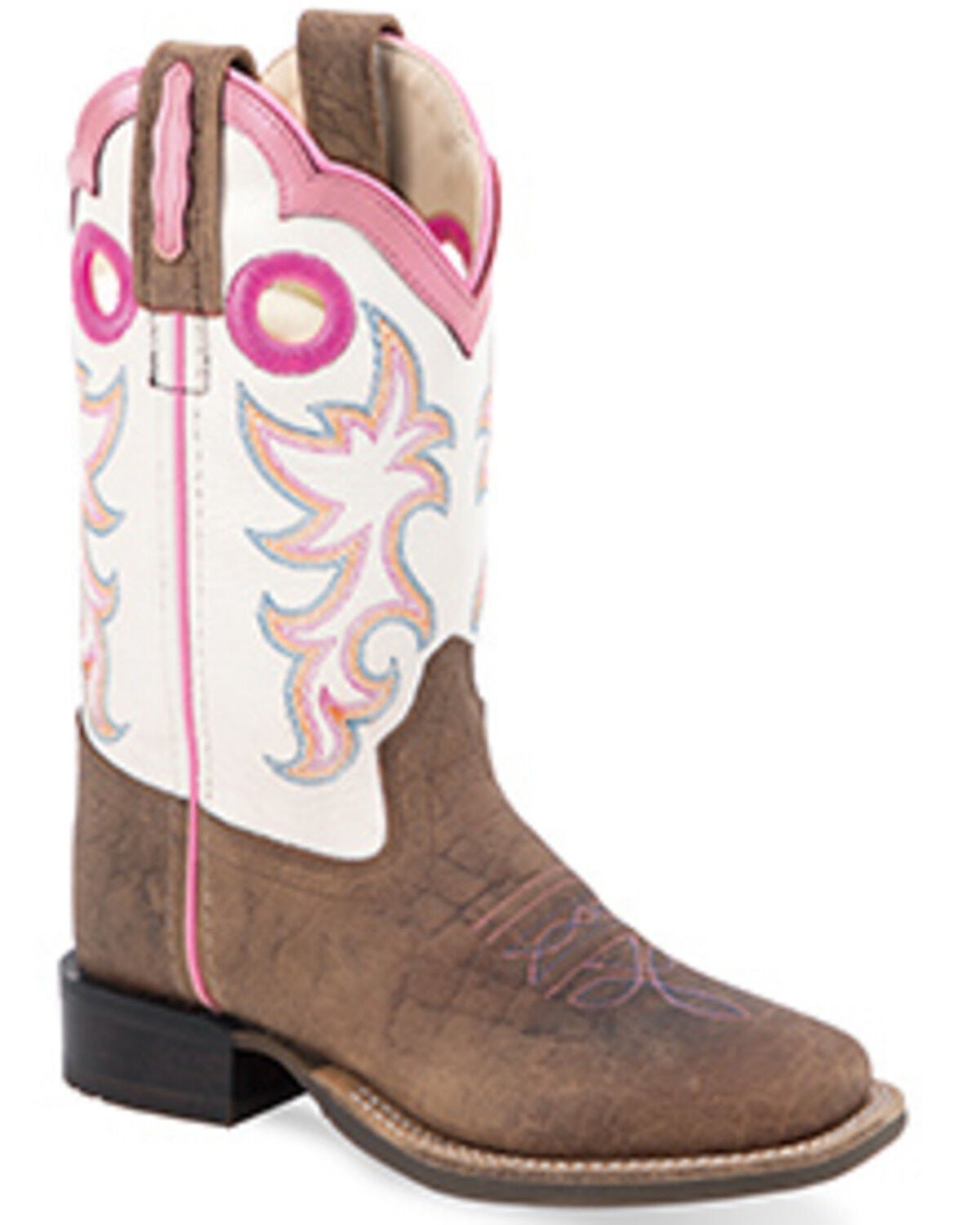 Old West Girls' Western Boots - Broad Square Toe, White, hi-res