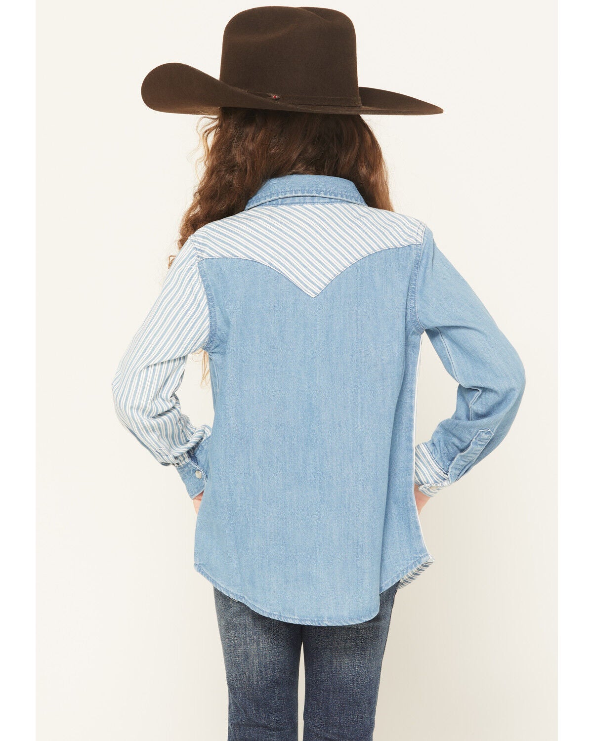 Image #4 - Wrangler Girls' Striped Denim Long Sleeve Snap Western Shirt, Blue, hi-res