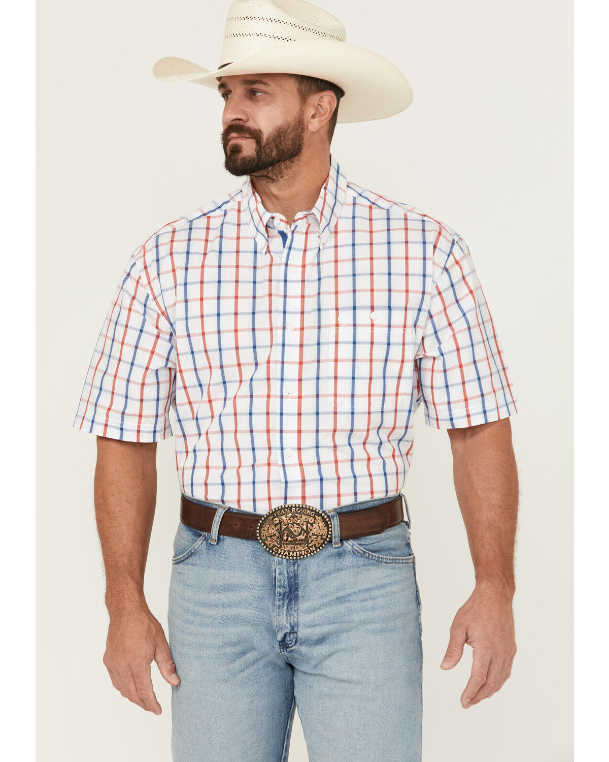 Image #1 - George Strait by Wrangler Men's Plaid Print Short Sleeve Button-Down Western Shirt - Tall, White, hi-res