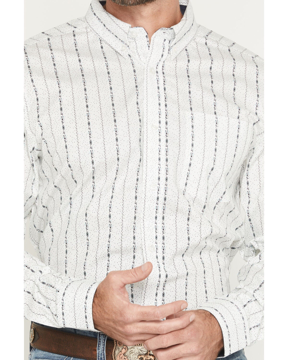 Image #3 - Cody James Men's Ranchers Legend Floral Stripe Print Long Sleeve Button-Down Stretch Western Shirt, Ivory, hi-res