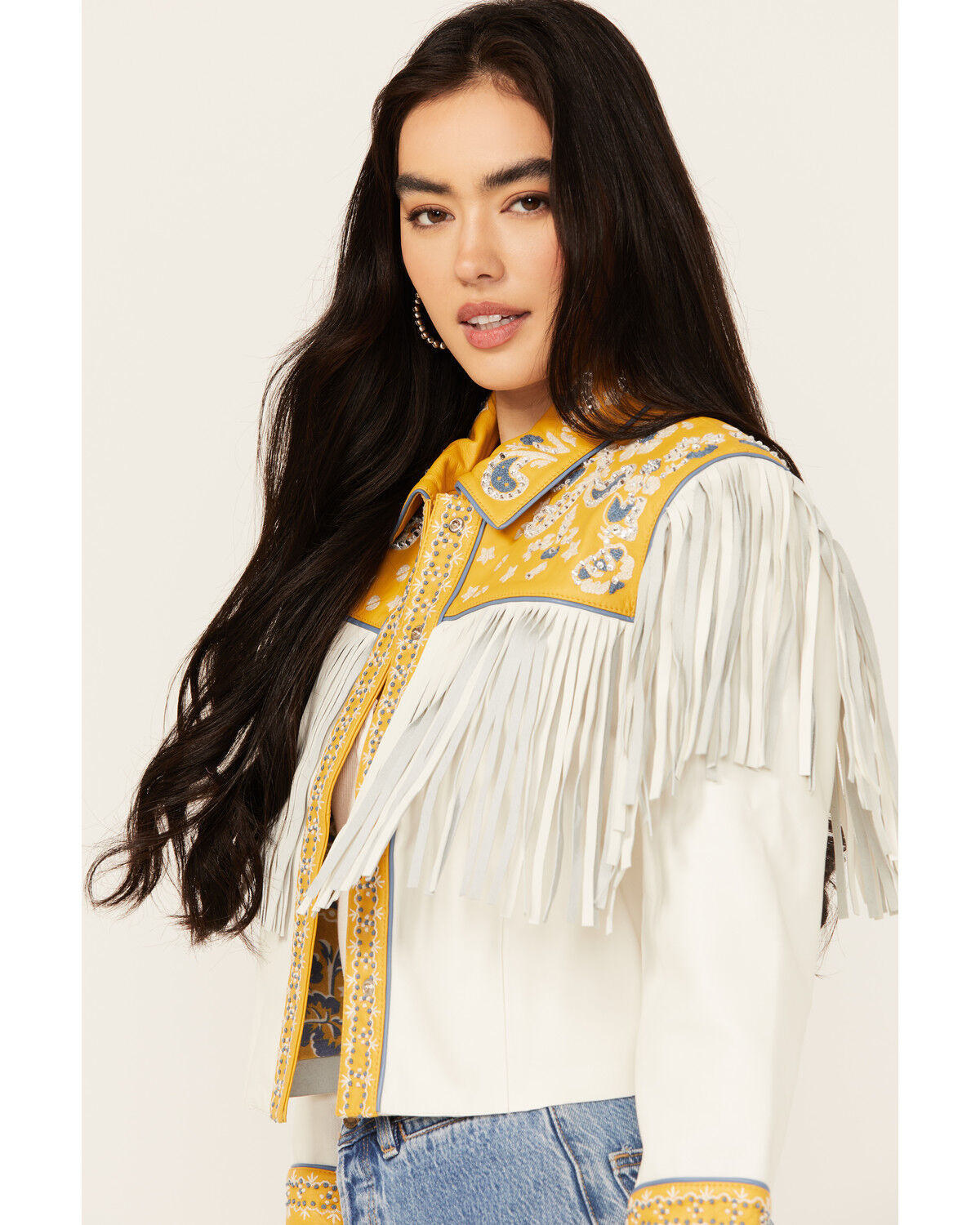 Image #2 - Double D Ranch Women's Reeves County Fringe Leather Jacket, Yellow, hi-res