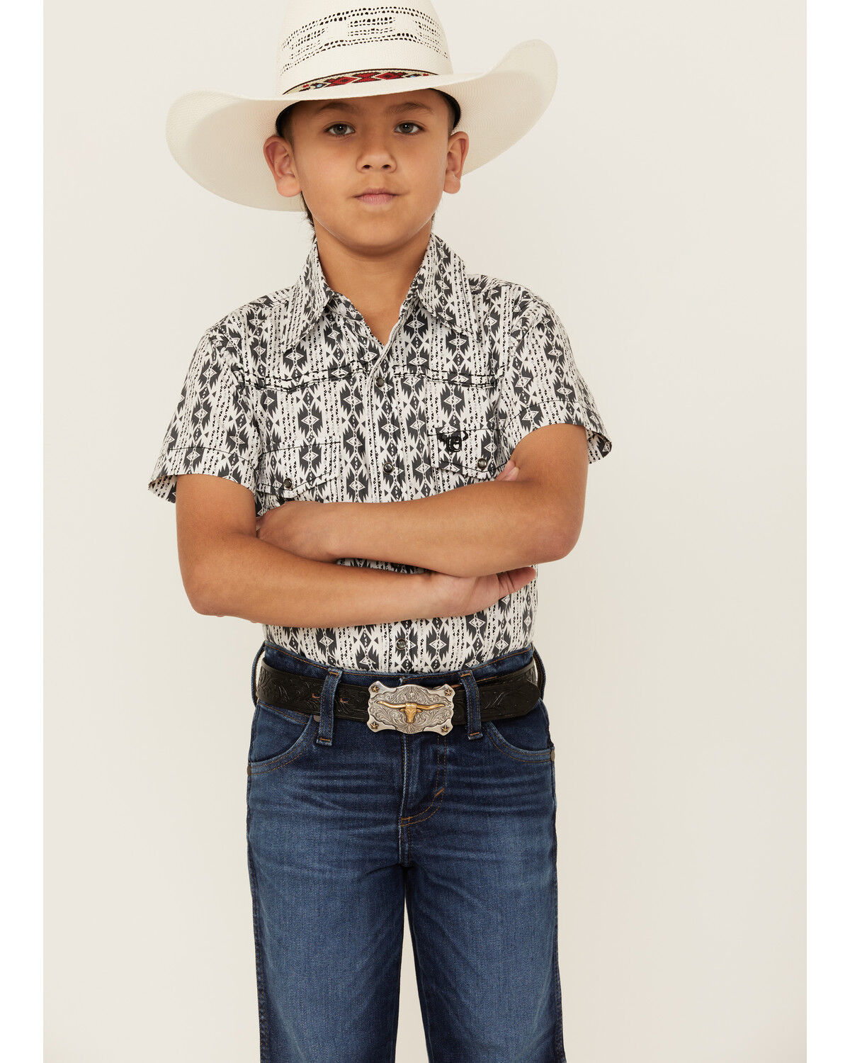 Image #1 - Cowboy Hardware Boys' Southwestern Print Short Sleeve Snap Western Shirt, , hi-res