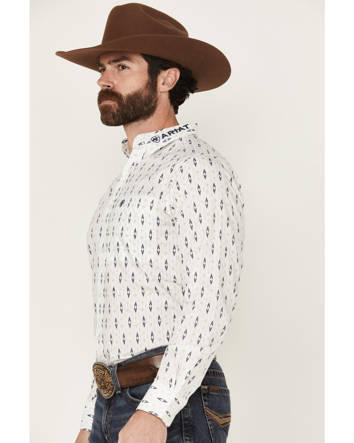 Image #2 - Ariat Men's Team Perkins Geo Print Long Sleeve Button-Down Western Shirt, White, hi-res