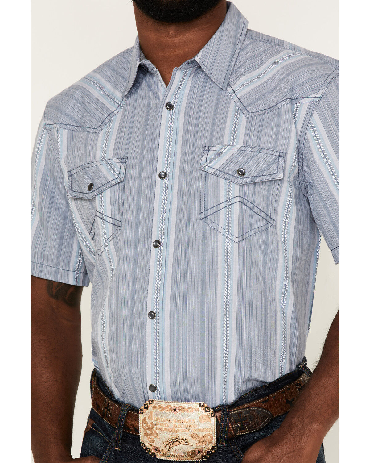 Image #3 - Cody James Men's Springs Vertical Stripe Short Sleeve Snap Western Shirt, Blue, hi-res