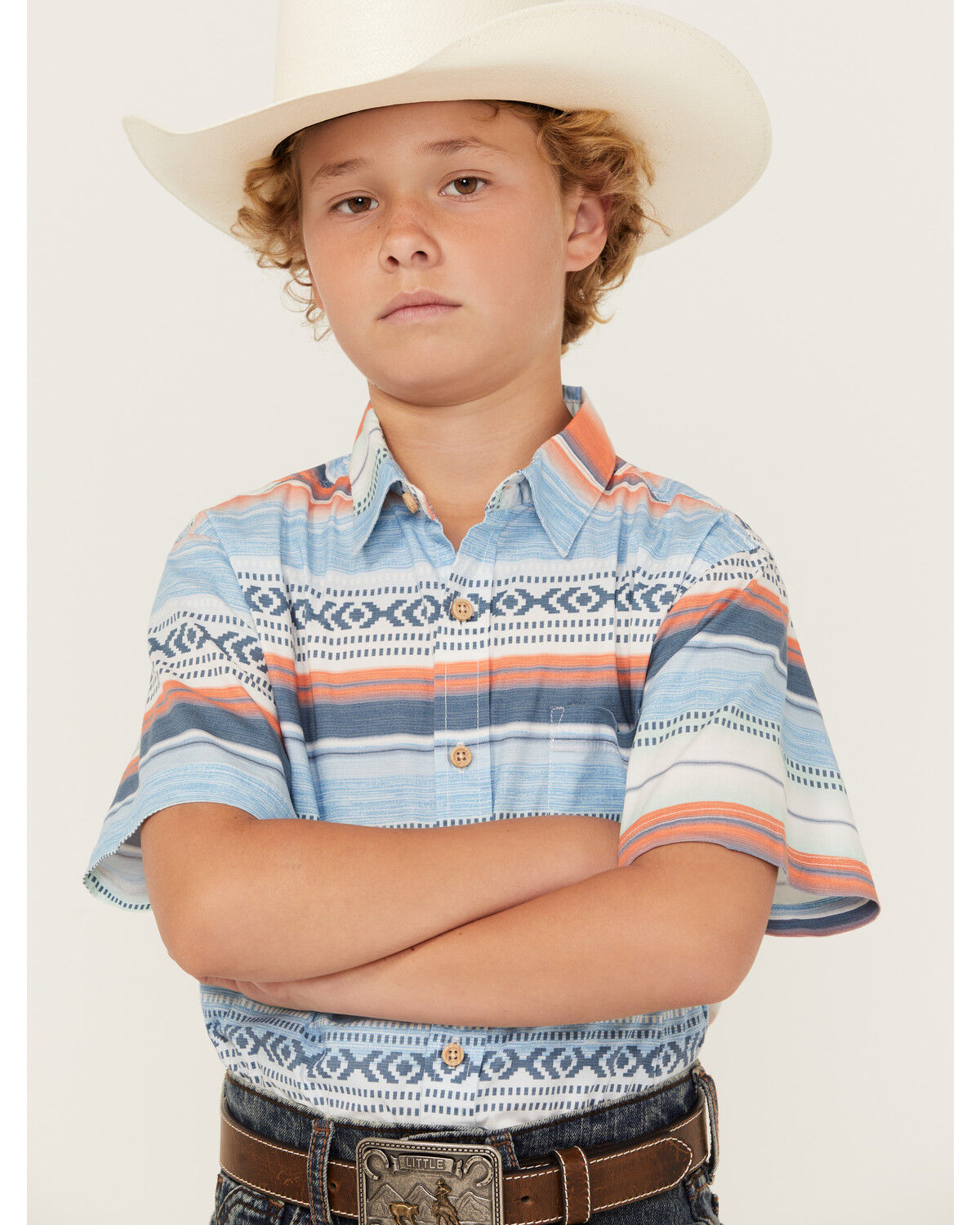 Image #1 - GROM Boys' Mesa Striped Short Sleeve Button Down Shirt, Blue, hi-res