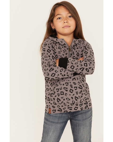 Ampersand Avenue Girls' Leopard Print Half Zip Hooded Pullover, Grey, hi-res