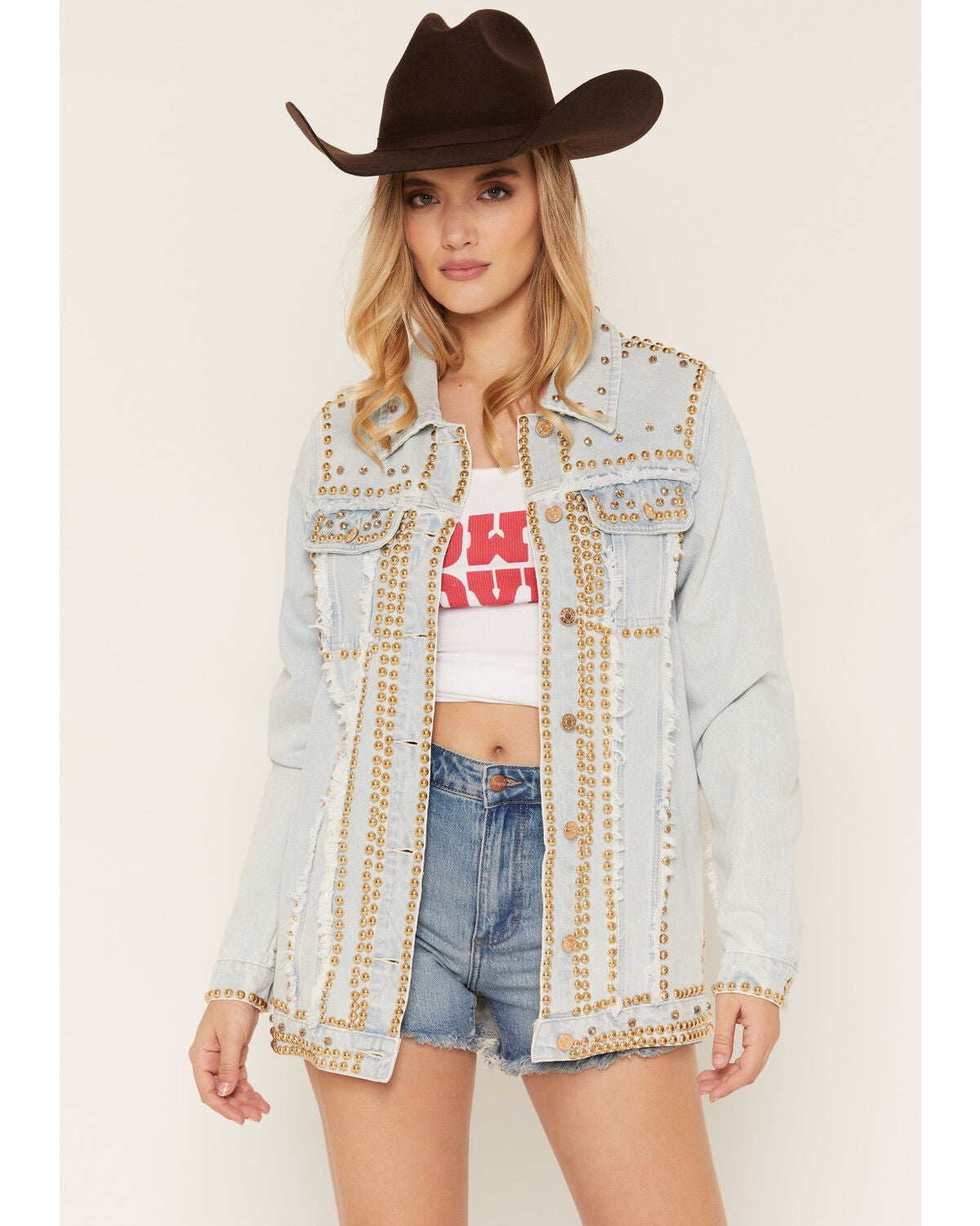 Azalea Wang Women's Light Wash Studded Button-Down Denim Jacket, Light Wash, hi-res