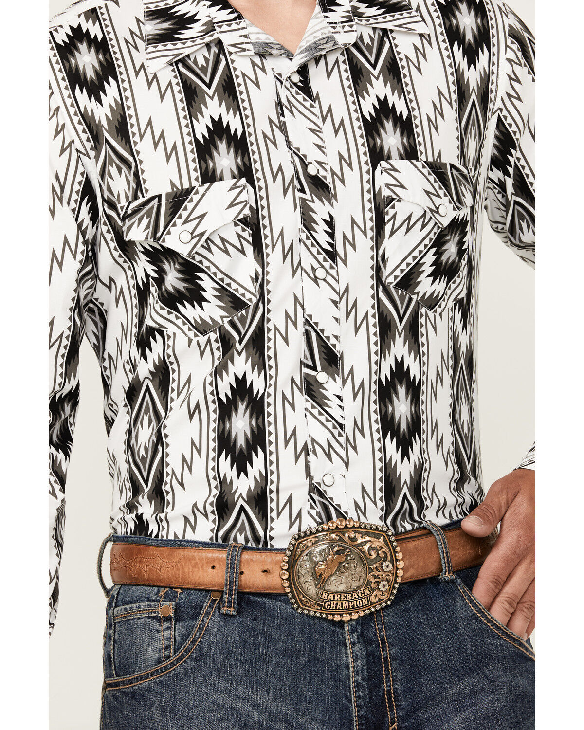Image #3 - Rock & Roll Denim Men's Southwestern Print Long Sleeve Snap Stretch Western Shirt, White, hi-res