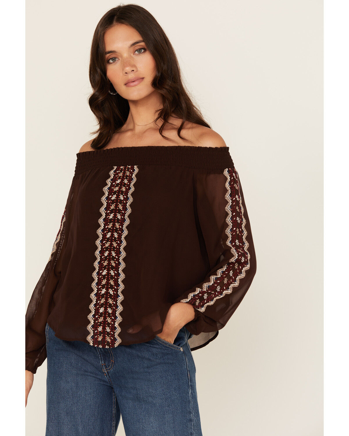 Image #1 - Shyanne Women's Georgette Embroidered Off The Shoulder Top, Chocolate, hi-res