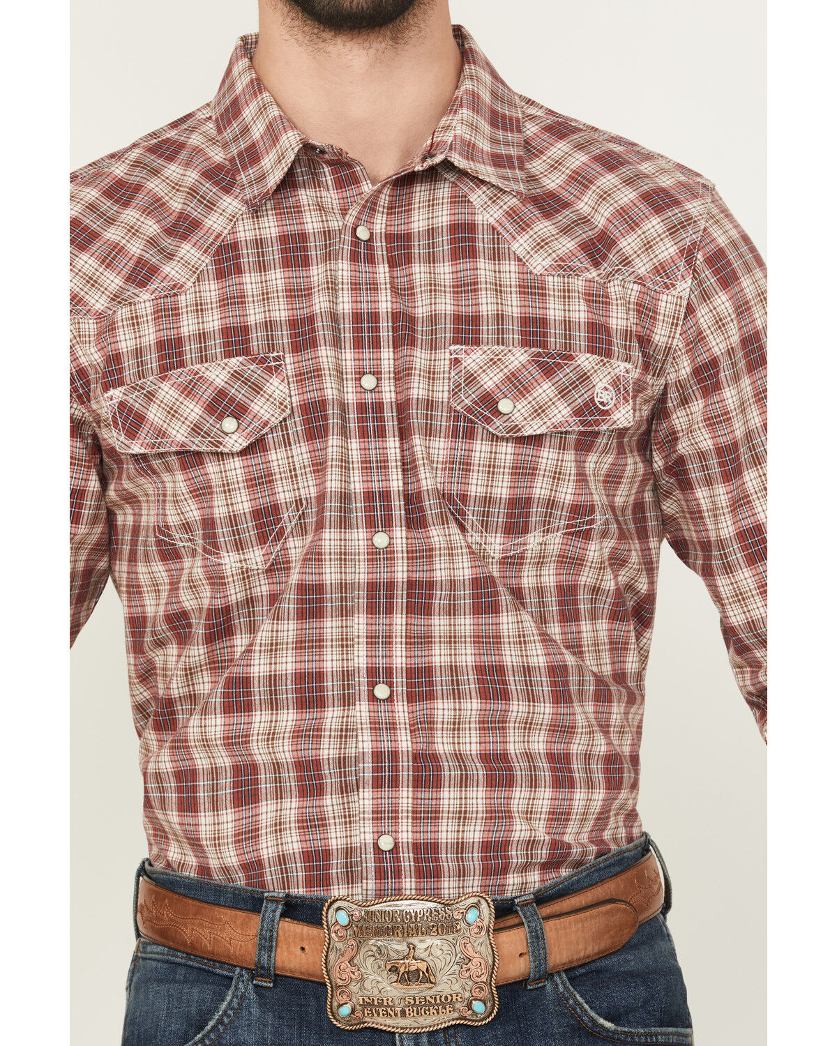 Image #3 - Blue Ranchwear Men's Mojave Plaid Print Long Sleeve Snap Western Shirt, Red, hi-res
