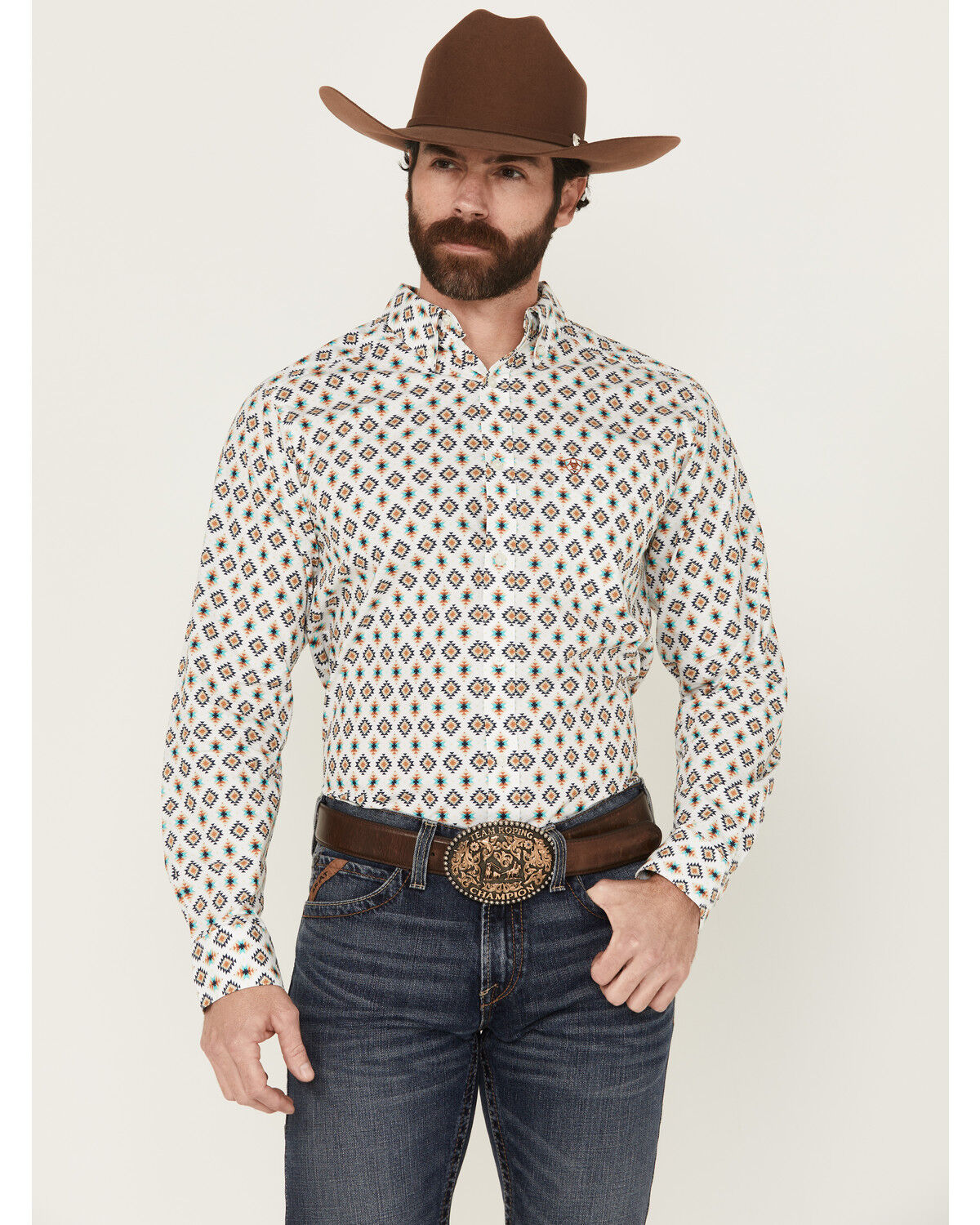 Image #1 - Ariat Men's Judas Geo Print Long Sleeve Button-Down Western Shirt, White, hi-res