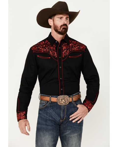 Rodeo Clothing Men's Embroidered Long Sleeve Snap Western Shirt, Black, hi-res