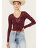 Image #1 - Shyanne Women's Long Sleeve Cutwork Front Tie Top, Maroon, hi-res