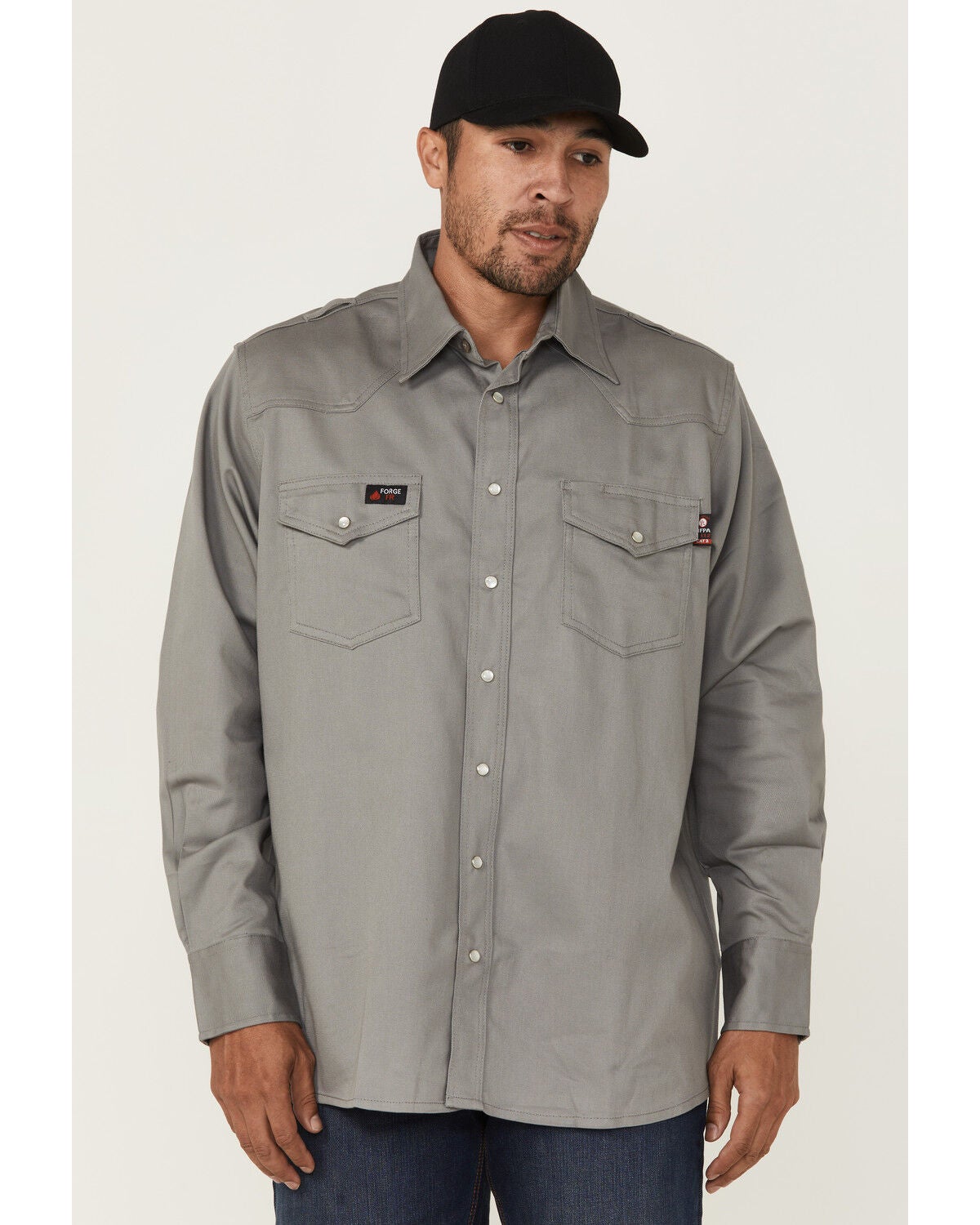 Image #1 - Forge Workwear Men's FR Solid Long Sleeve Snap Work Shirt, Light Grey, hi-res