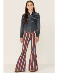Rock & Roll Denim Girls' Pink Stripe Stretch Bell Bottom Jeans , Pink, hi-res