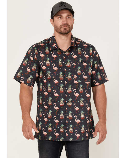 Scully Men's Pineapples & Flamingos Allover Print Short Sleeve Button Down Western Shirt , Black, hi-res