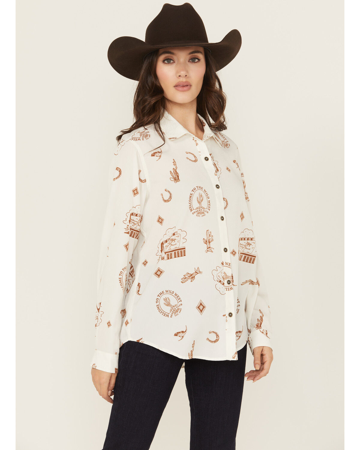 Image #1 - Ariat Women's Homestyle Conversation Print Long Sleeve Button-Down Shirt, Cream, hi-res