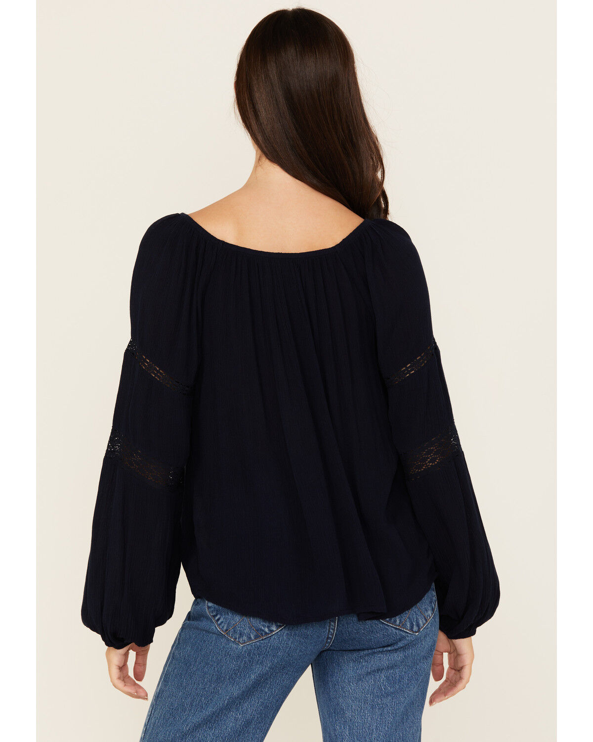 Image #4 - Jolt Women's Lace Trim Long Sleeve Peasant Top, Navy, hi-res